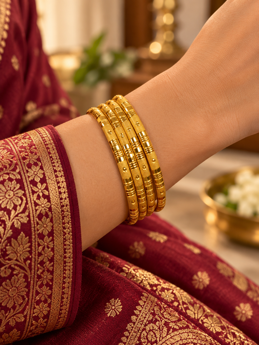 SILVROSE Gold-Tone Textured Bangles Set of 4