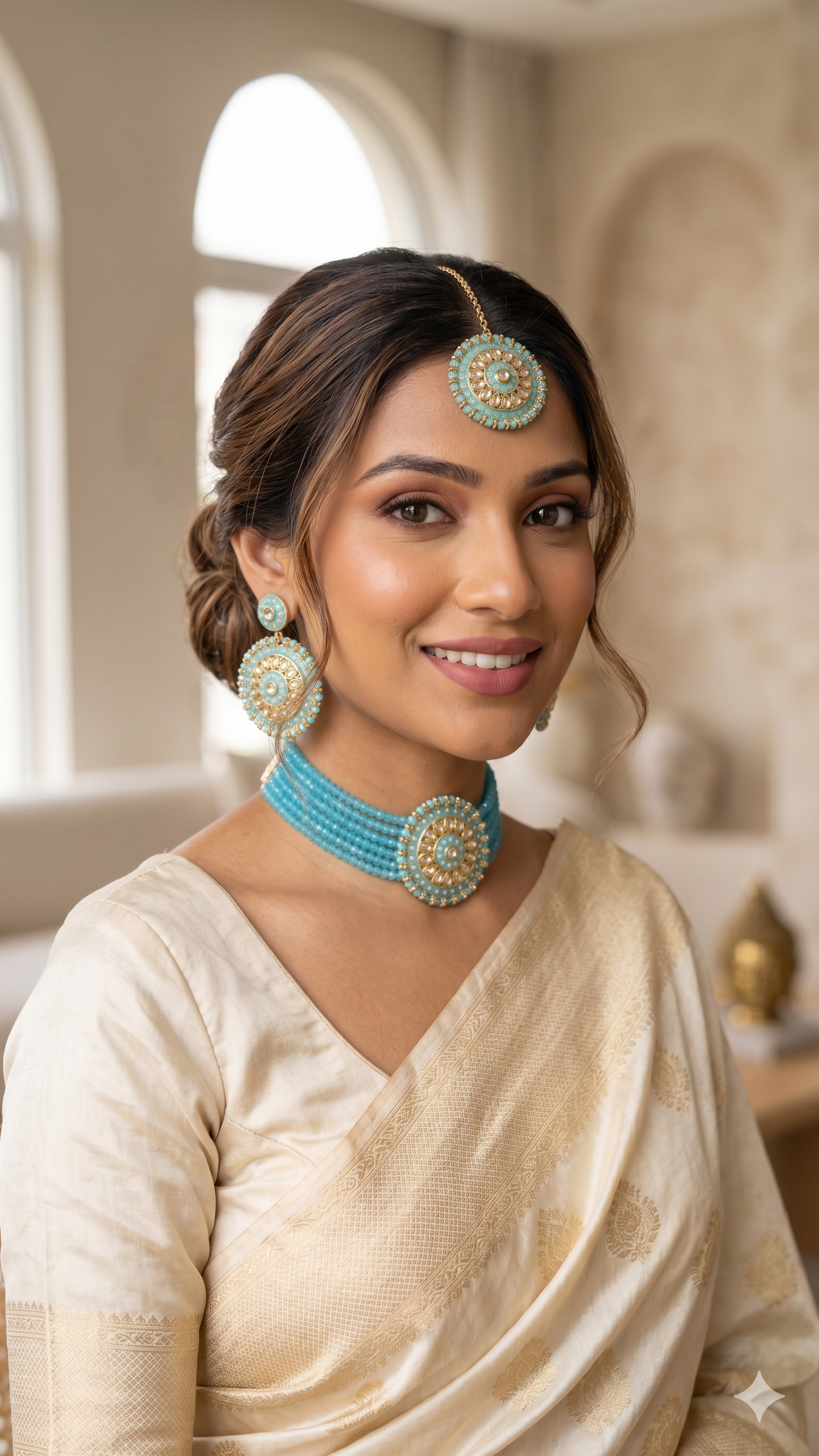 Turquoise Beaded Kundan Choker Necklace Set with Maang Tikka