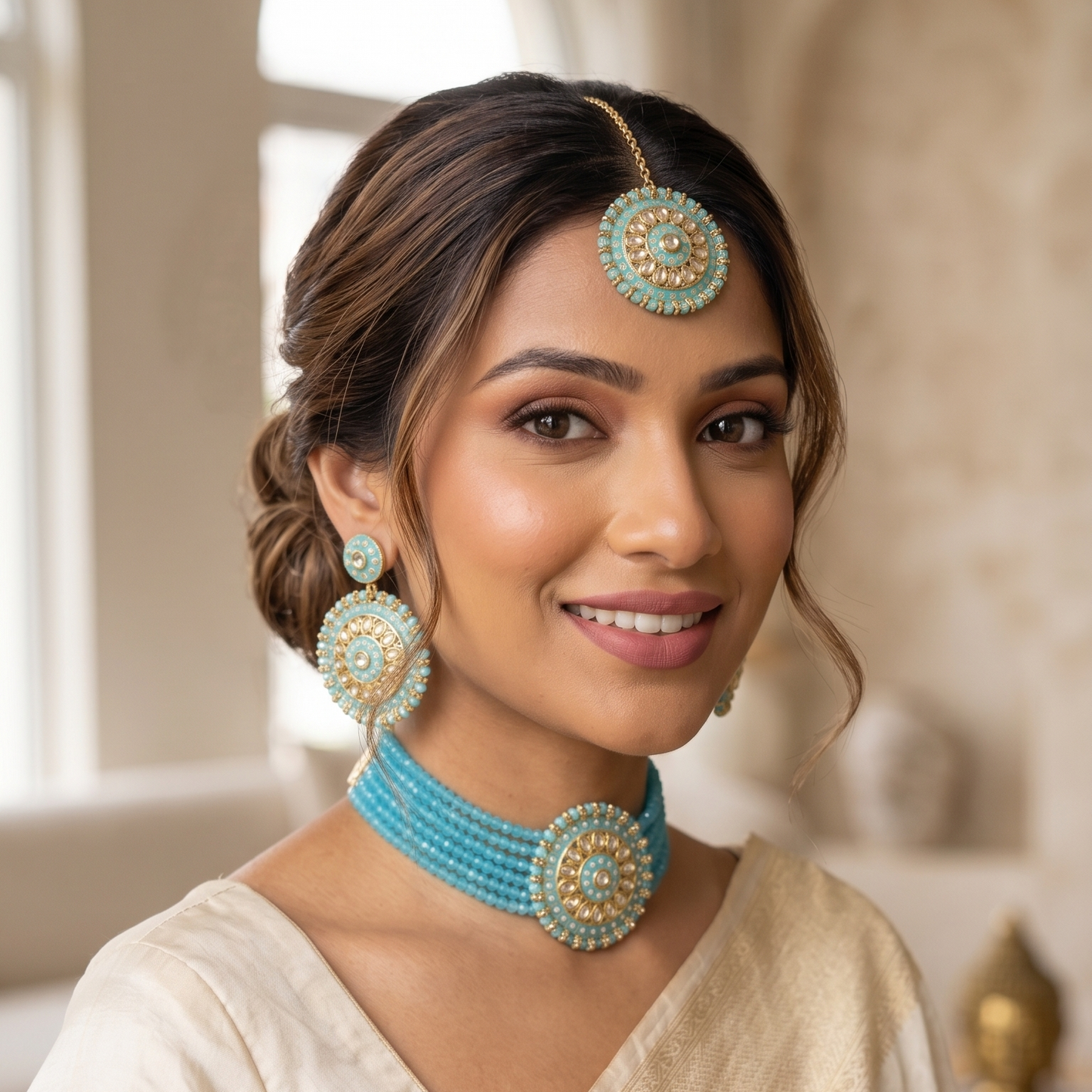 Turquoise Beaded Kundan Choker Necklace Set with Maang Tikka