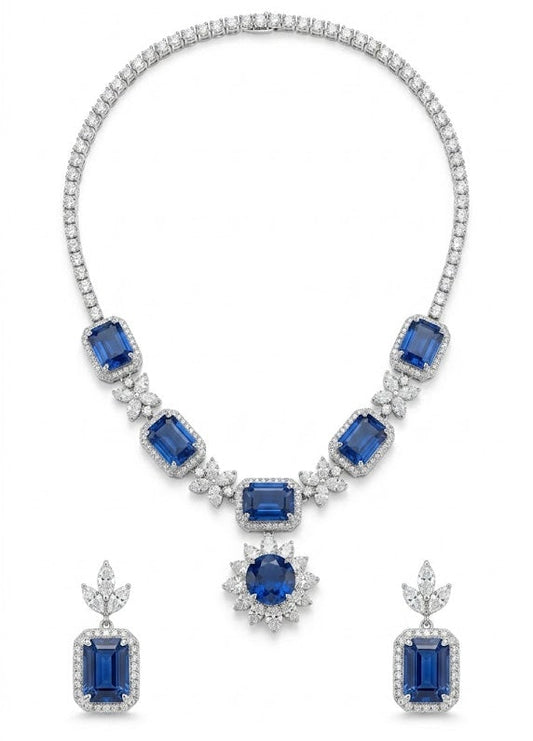 Royal Blue Sapphire & Crystal Statement Necklace Set