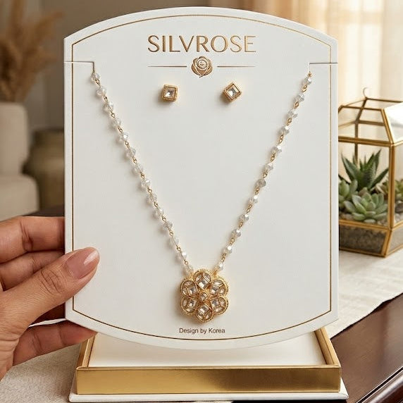 Delicate Floral Pendant Necklace Set with Crystal Beads