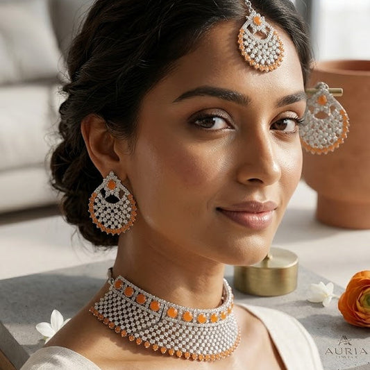 Radiant Orange & Silver-Tone Crystal Bridal Choker Set