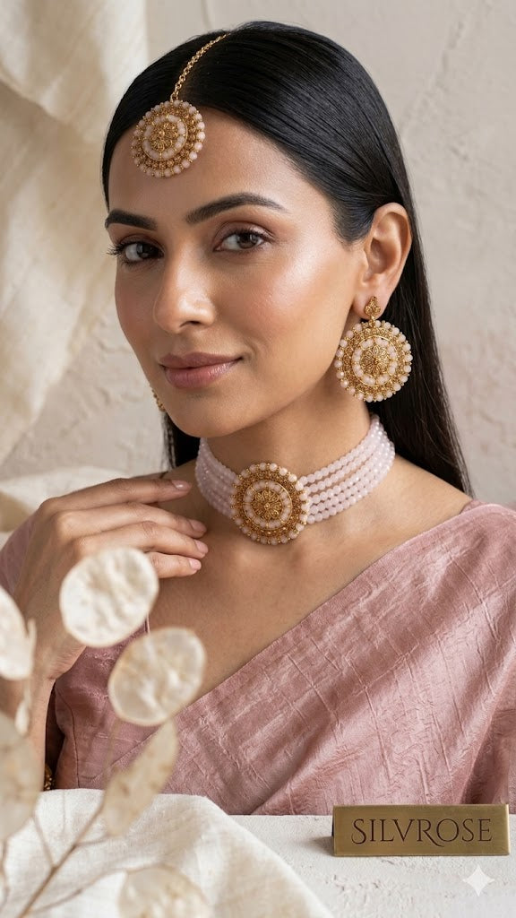 Blush Pink Beaded Choker Set with Maang Tikka