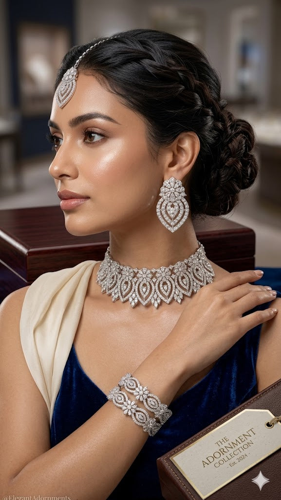 Radiant Silver-Tone Crystal Bridal Choker Set with Bangles