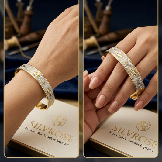 SILVROSE Dual Tone Micro Polish Open Bangle for Women | Premium Anti-Tarnish Kada
