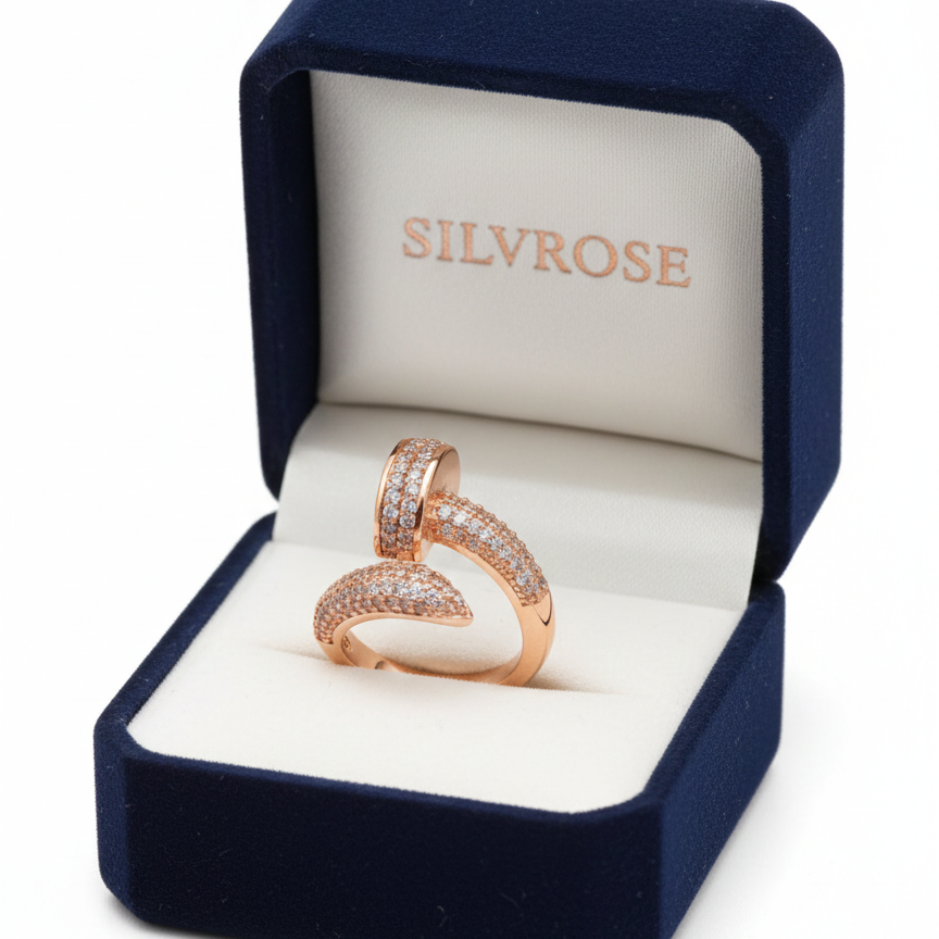 Rose Gold Pavé Nail Ring - Industrial Crystal Statement Band | SILVROSE
