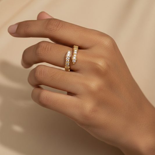 Gold Double Band Green Stone Ring - Emerald Cut Geometric Band | SILVROSE