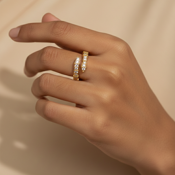 Gold Double Band Green Stone Ring - Emerald Cut Geometric Band | SILVROSE