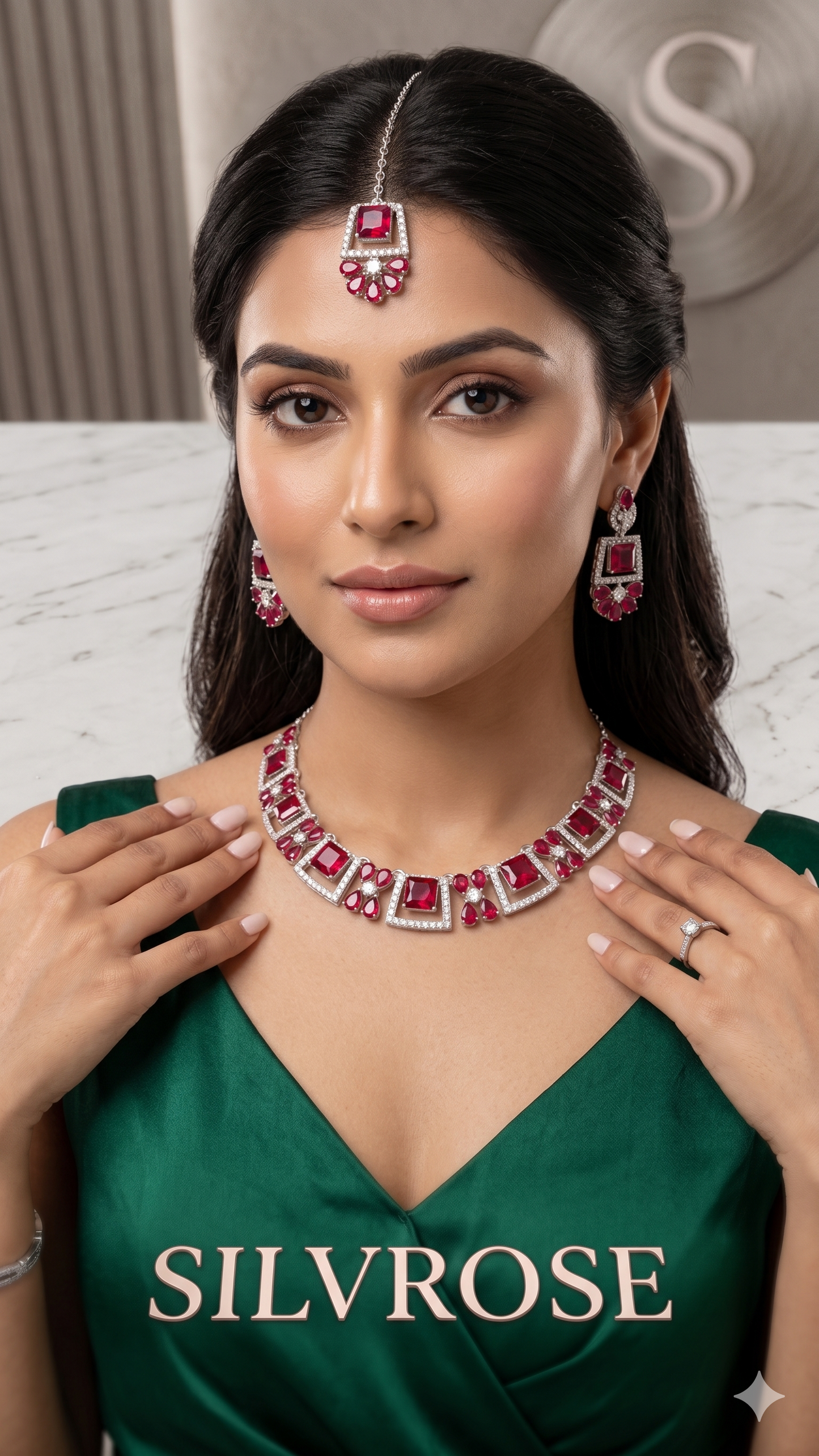 Regal Ruby Gemstone Jewellery Set | Necklace, Earrings & Maang Tikka | SILVROSE Fine Jewellery