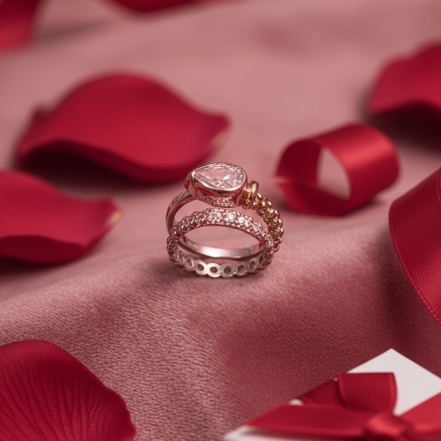 Silver Teardrop Statement Ring - Layered Beaded Pavé Band | SILVROSE