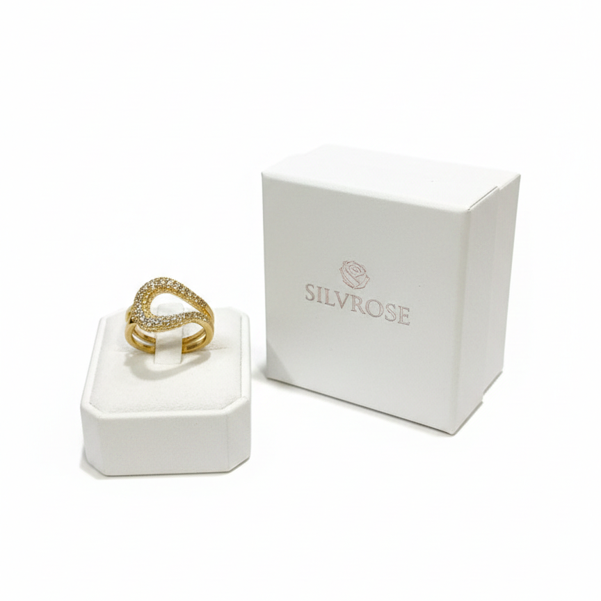 SILVROSE Sovereign Teardrop Statement Ring – Gold Plated Pave Cubic Zirconia Ring