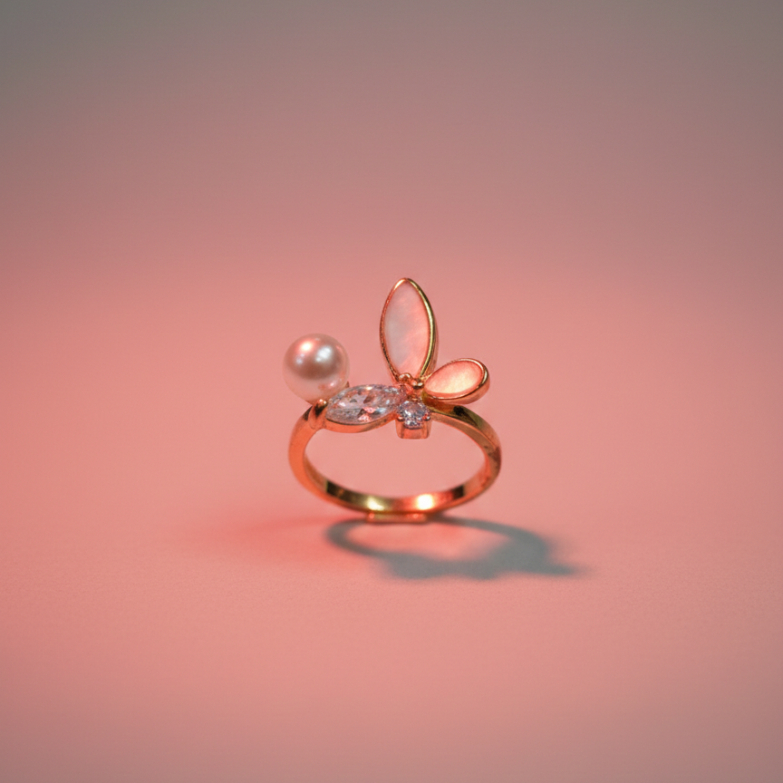 Gold Butterfly Pearl Ring - Mother of Pearl & Crystal Band | SILVROSE