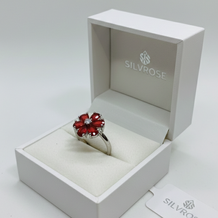 SILVROSE Crimson Blossom Flower Ring – Silver Red Floral Statement Ring