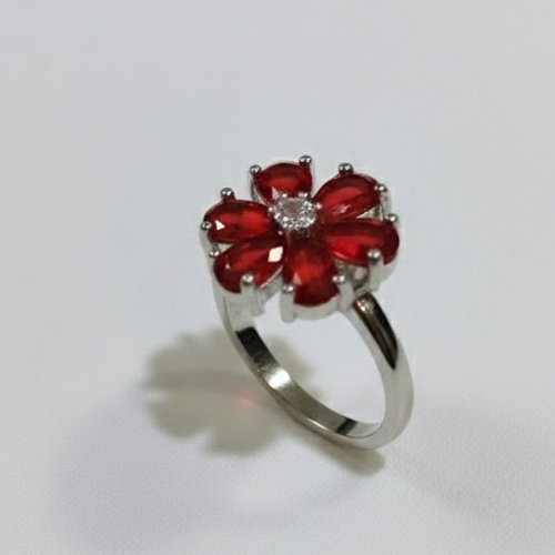 SILVROSE Crimson Blossom Flower Ring – Silver Red Floral Statement Ring