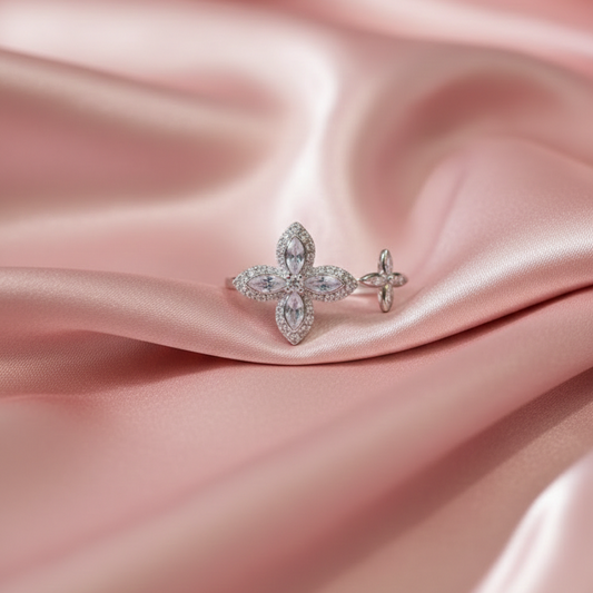 SILVROSE Sterling Silver Clover Blossom Adjustable Ring – Marquise Cubic Zirconia Open Cuff Ring