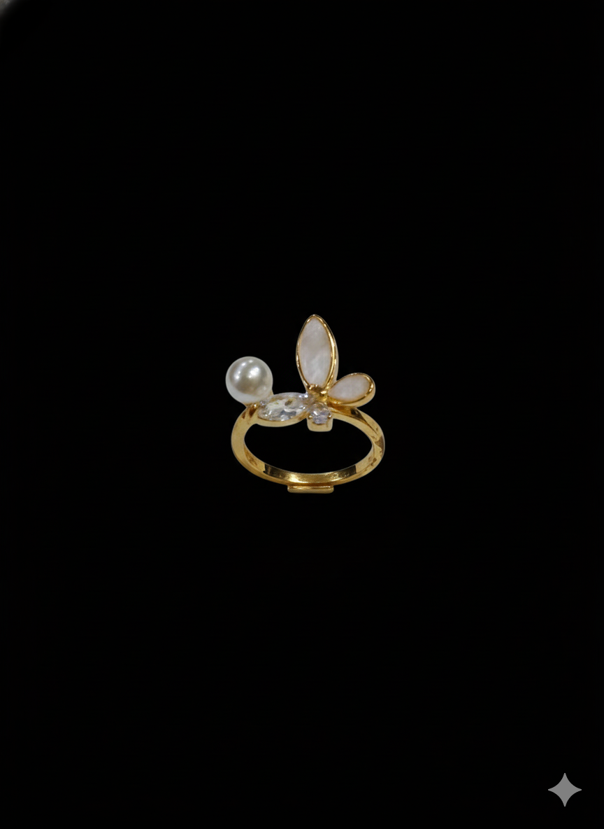 Gold Butterfly Pearl Ring - Mother of Pearl & Crystal Band | SILVROSE