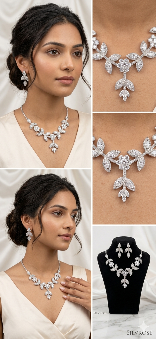 Elegant Floral Leaf Cubic Zirconia Jewelry Set