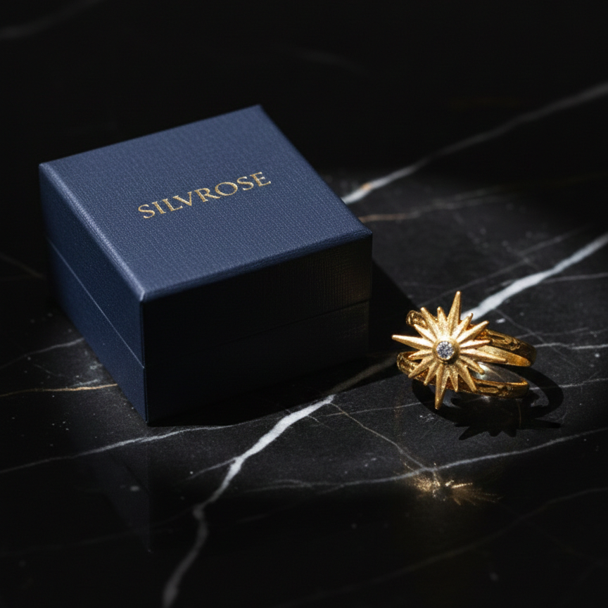 Nova Starburst Double Band Ring in Gold | Celestial Sunburst Statement Ring – SILVROSE