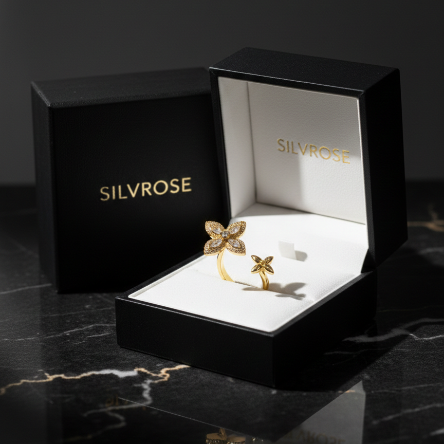 SILVROSE 18K Gold Plated Clover Blossom Adjustable Ring – Marquise CZ Open Cuff Ring