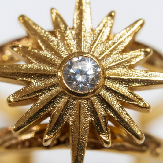 Nova Starburst Double Band Ring in Gold | Celestial Sunburst Statement Ring – SILVROSE