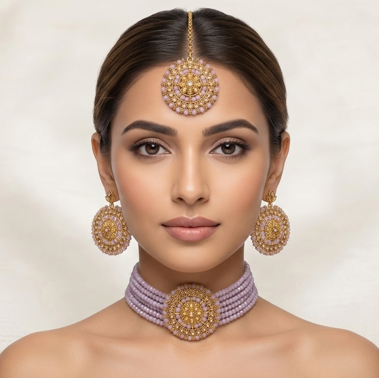 Mauve Kundan Splendor Beaded Choker Necklace Set with Maang Tikka