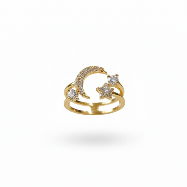 Gold Celestial Moon and Star Double Band Ring | SILVROSE