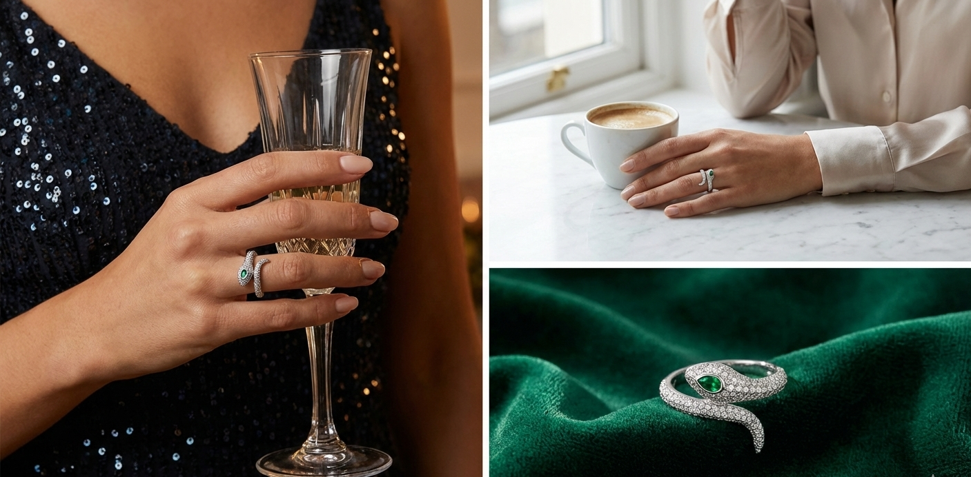 Silver Snake Wrap Ring with Emerald Eye | SILVROSE