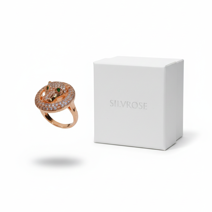 Rose Gold Panther Statement Ring - Green Crystal Eye Pavé Band | SILVROSE