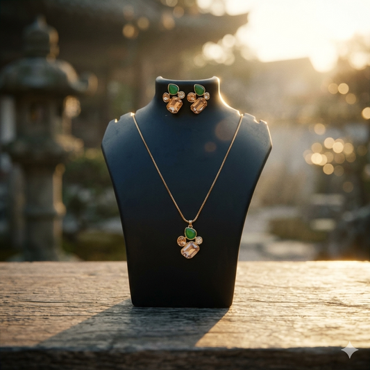 Elegant Green & Champagne Crystal Pendant Necklace & Earring Set