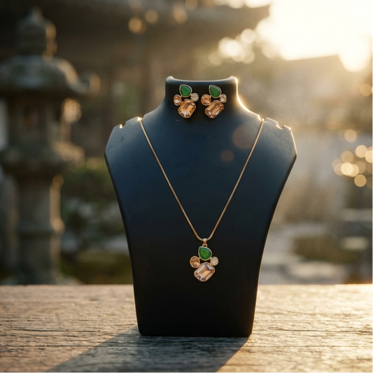 Elegant Green & Champagne Crystal Pendant Necklace & Earring Set