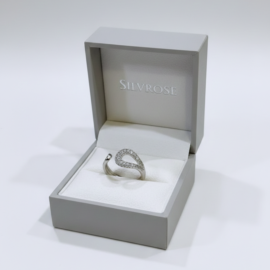 SILVROSE Sterling Silver Astra Wave Adjustable Ring – Pave Cubic Zirconia Open Ring