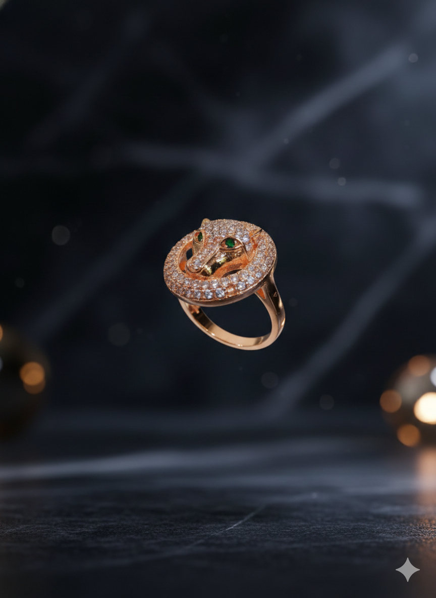 Rose Gold Panther Statement Ring - Green Crystal Eye Pavé Band | SILVROSE
