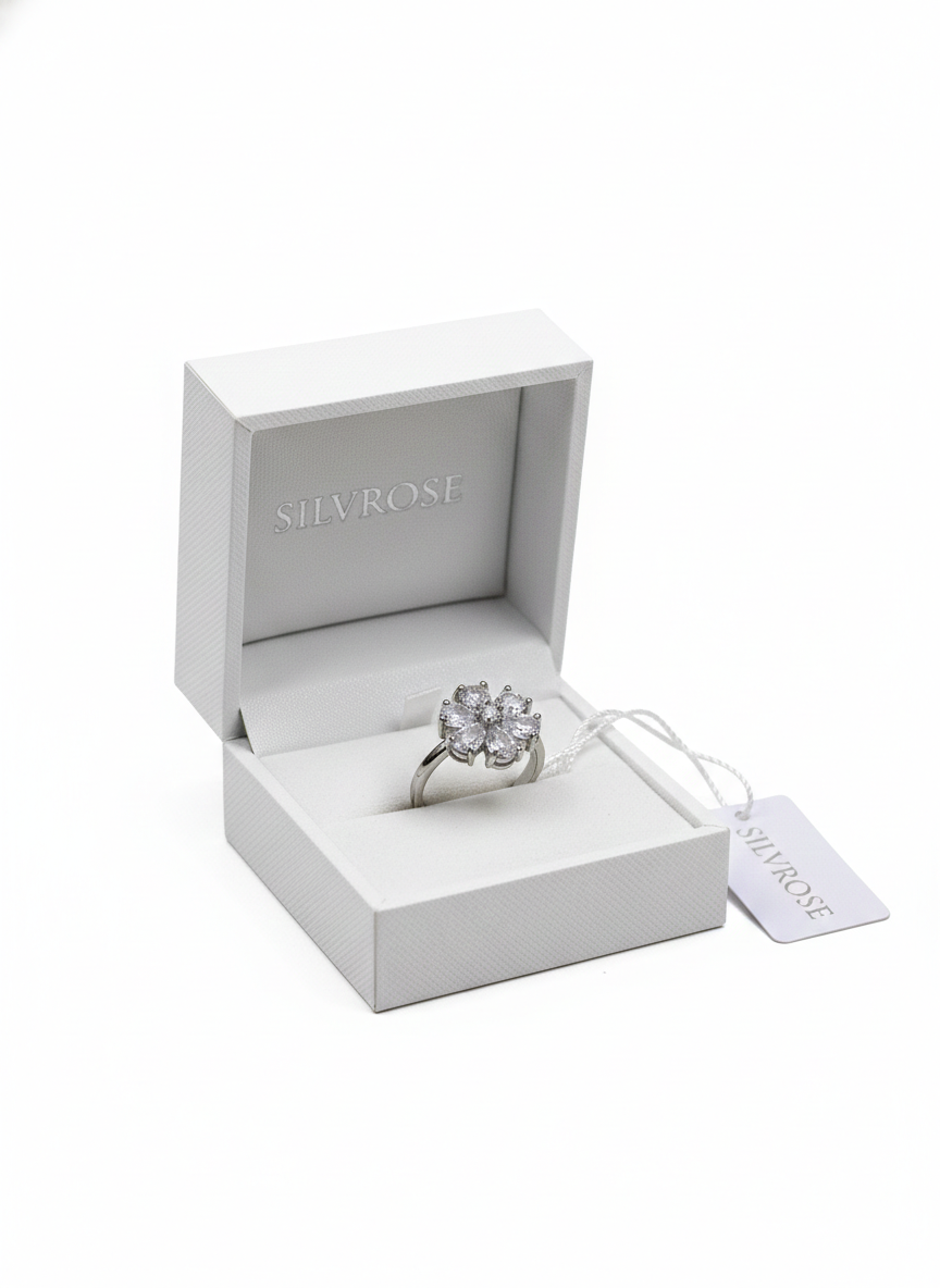 SILVROSE Crystal Bloom Flower Ring – Silver Clear Floral Statement Ring