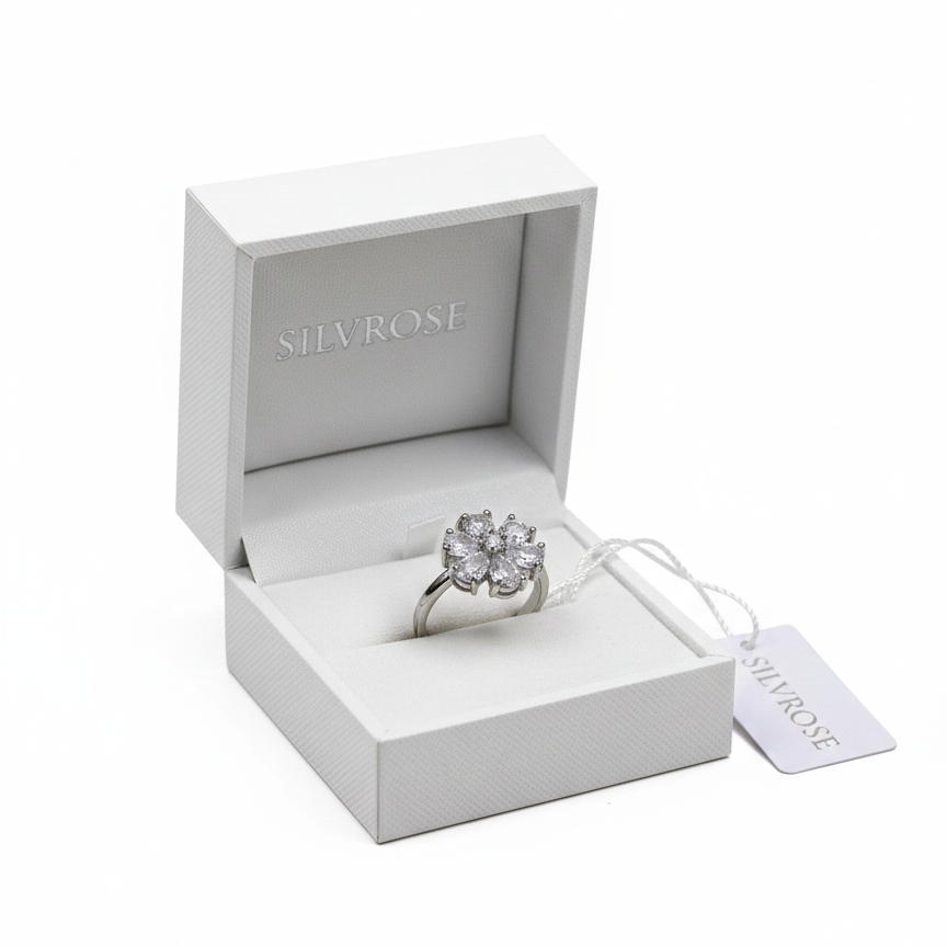 SILVROSE Crystal Bloom Flower Ring – Silver Clear Floral Statement Ring