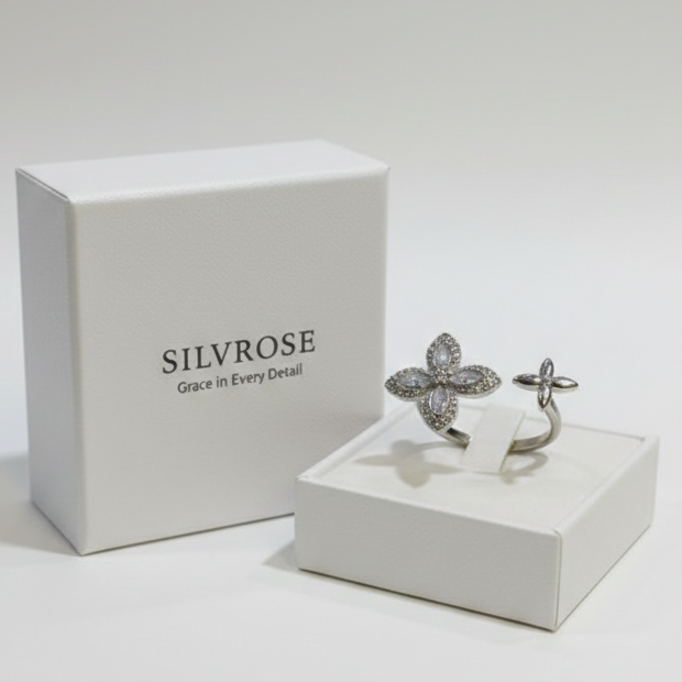 SILVROSE Sterling Silver Clover Blossom Adjustable Ring – Marquise Cubic Zirconia Open Cuff Ring