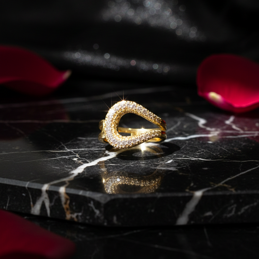 SILVROSE Sovereign Teardrop Statement Ring – Gold Plated Pave Cubic Zirconia Ring