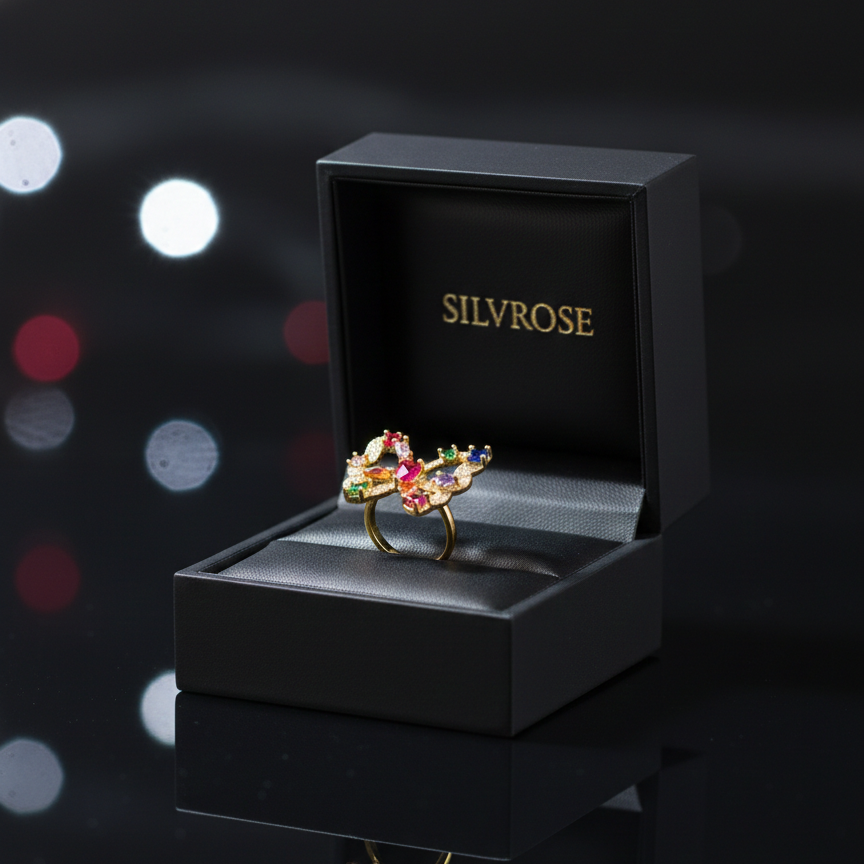 Iris Multicolor Gemstone Butterfly Ring | Rainbow Crystal Cocktail Ring – SILVROSE