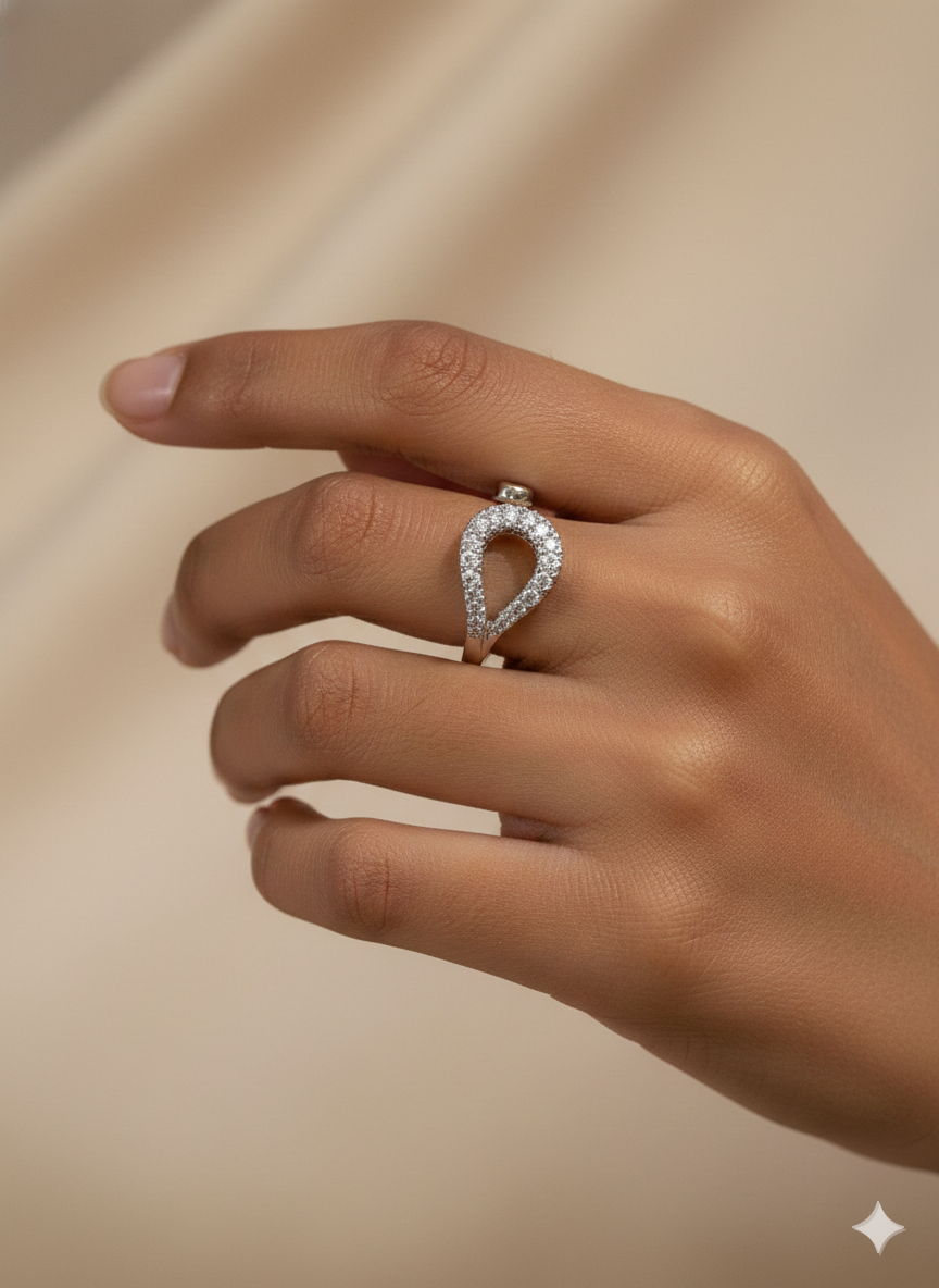 SILVROSE Sterling Silver Astra Wave Adjustable Ring – Pave Cubic Zirconia Open Ring