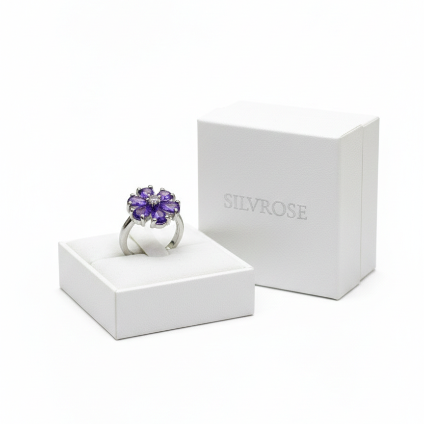 SILVROSE Violet Bloom Flower Ring – Silver Purple Floral Statement Ring