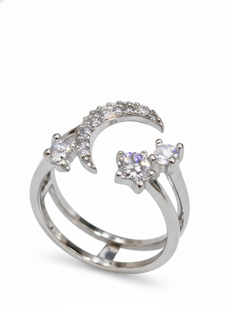 Silver Celestial Moon and Star Double Band Ring | SILVROSE