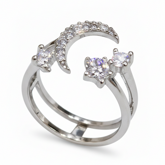 Silver Celestial Moon and Star Double Band Ring | SILVROSE