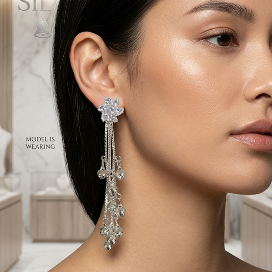 SILVROSE Elegant Chandelier Bell Earrings – Silver Drop Tassel Earrings with Starburst Crystals