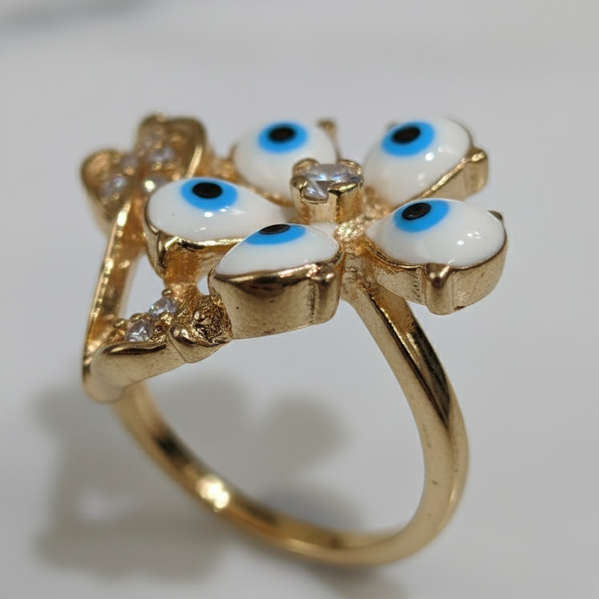 Gold-Plated Evil Eye Flower Ring with Crystal Center