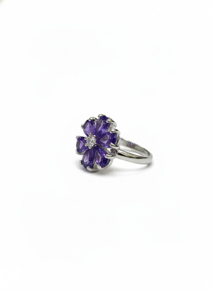 SILVROSE Violet Bloom Flower Ring – Silver Purple Floral Statement Ring