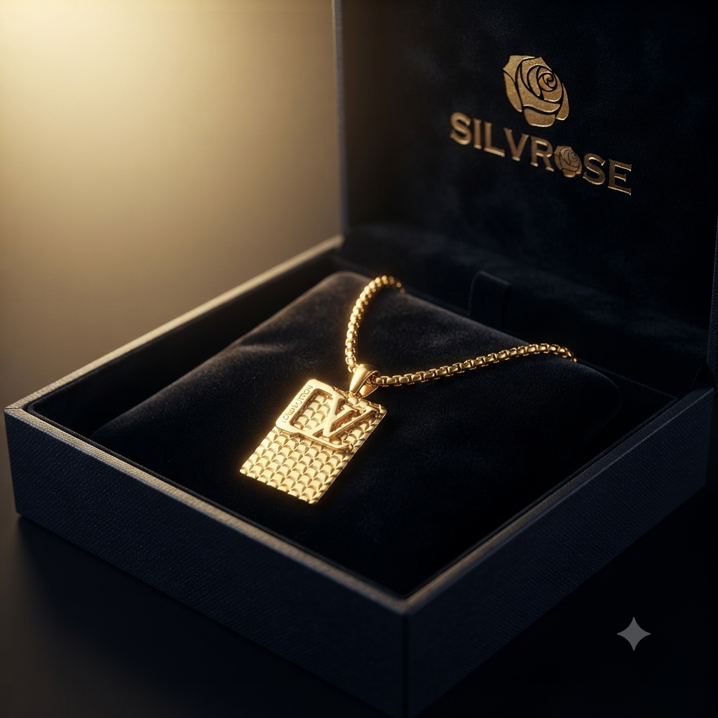 SILVROSE Gold Plated Luxury Rectangle Pendant Necklace for Men & Boys | Premium Box Chain with Designer Pendant | Fashion Jewellery for Daily Wear, Party Wear & Gifting