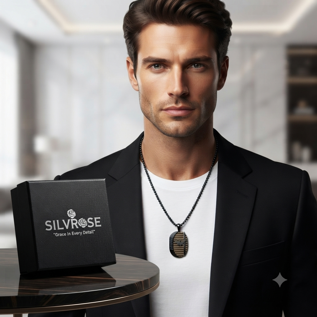 SILVROSE Black Dog Tag Pendant Necklace for Men & Boys | Premium Black Bead Chain with Designer Eagle Pendant | Stainless Steel Fashion Jewellery for Daily Wear & Gifting