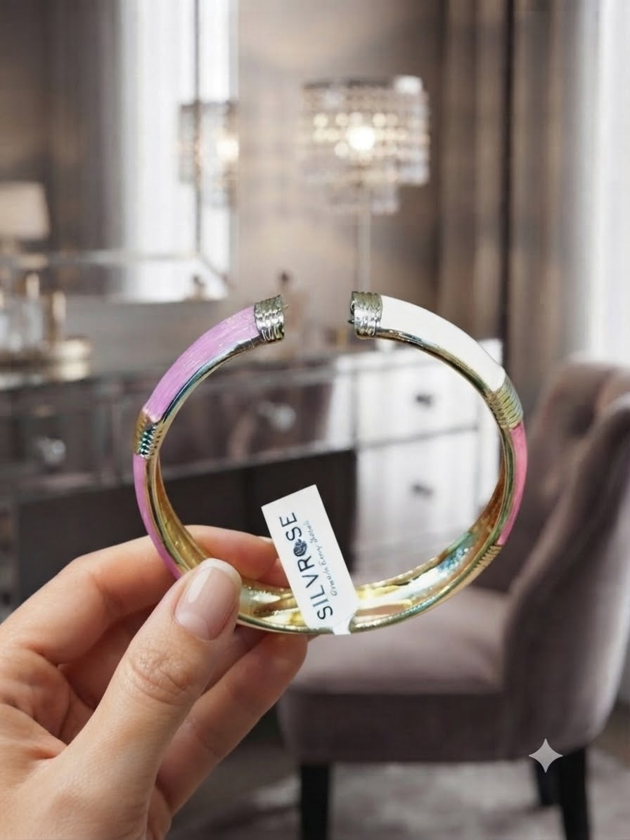 Elegant Enamel Hinged Bracelet by SILVROSE – Adjustable Gold-Tone Pink and White Fashion Jewelry