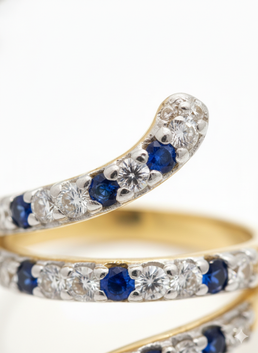 Gold Sapphire Blue Spiral Wrap Ring | SILVROSE