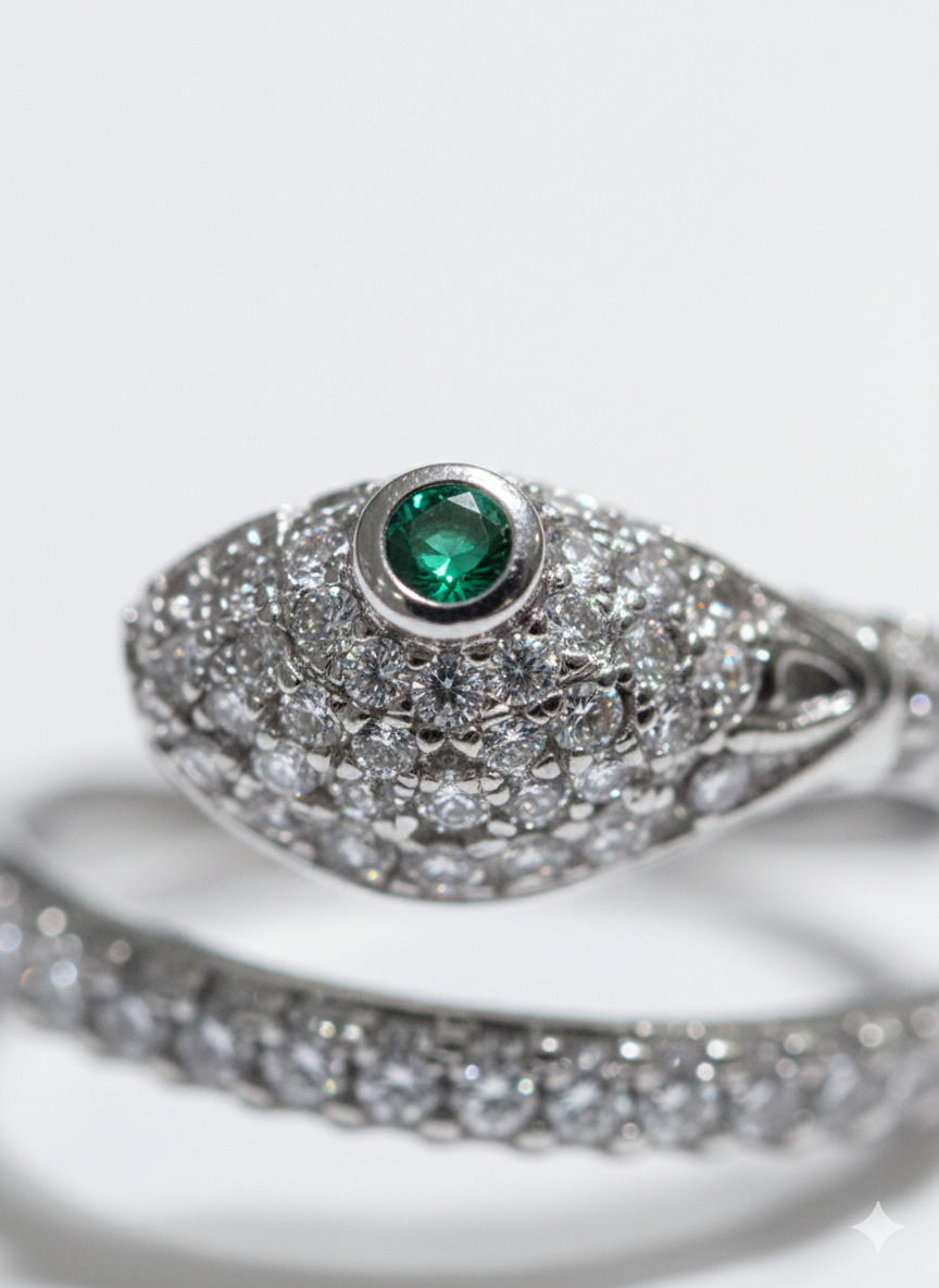 Silver Snake Wrap Ring with Emerald Eye | SILVROSE