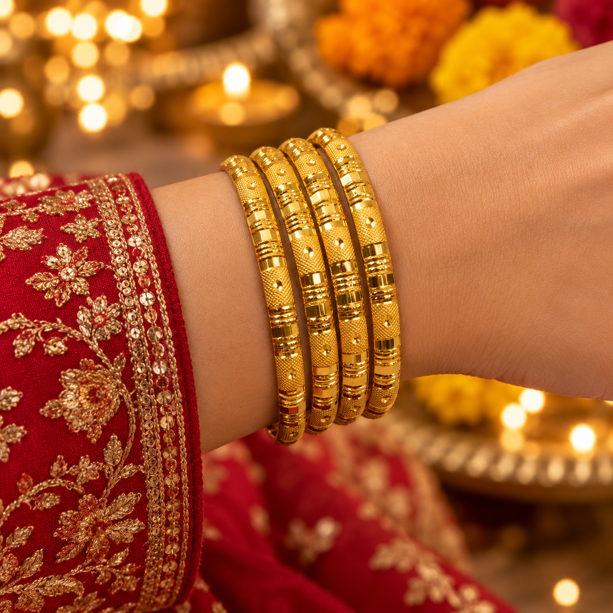 SILVROSE Gold-Tone Textured Bangles Set of 4